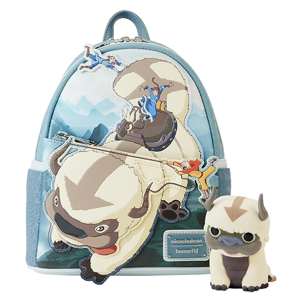 Pop! flocked Appa stands before the Loungefly Appa The Last Airbender mini backpack, which features Appa soaring through the sky.